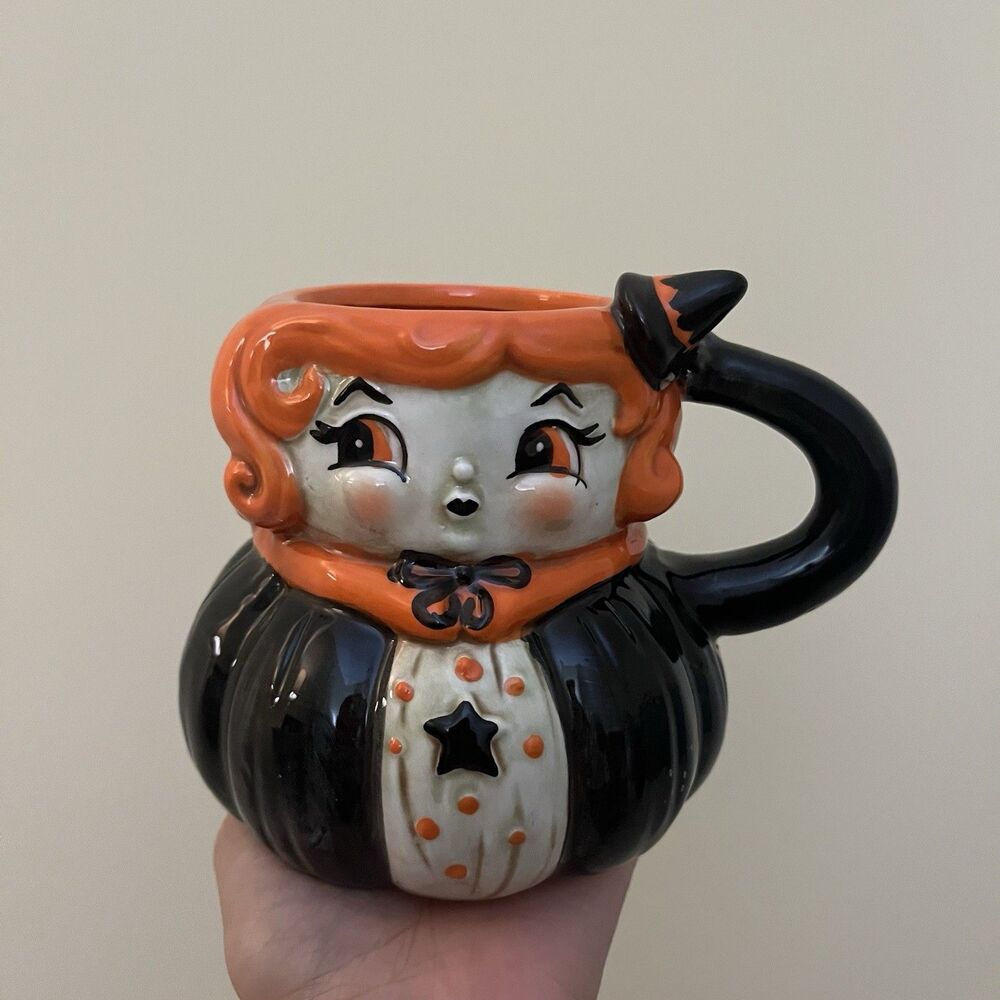 Johanna Parker Halloween Witch with hat Whimsical Ceramic Black Orange Mug